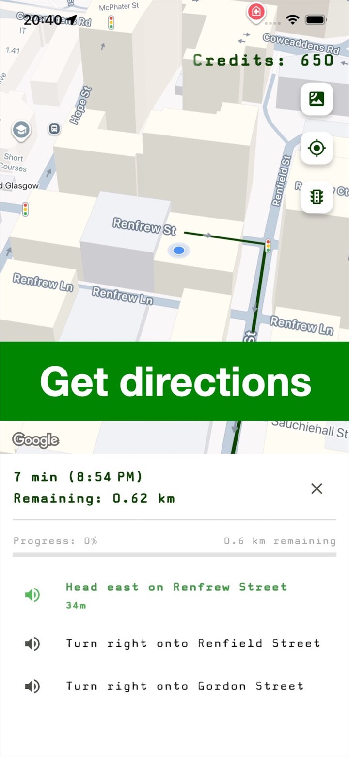 Find Nearby directions screen showing a route and turn-by-turn directions