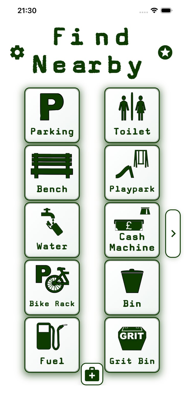 Find Nearby home screen showing buttons for parking, toilets, benches, playparks, water, cash machines, bike racks, bins, fuel and grit bins