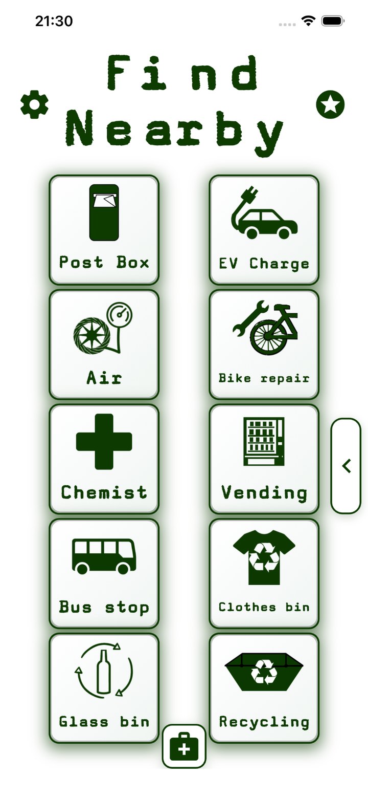 Find Nearby home screen showing post boxes, EV charging, air for tyres, bike repair, chemists, vending machines, bus stops, clothes bins, glass bins and recycling centres
