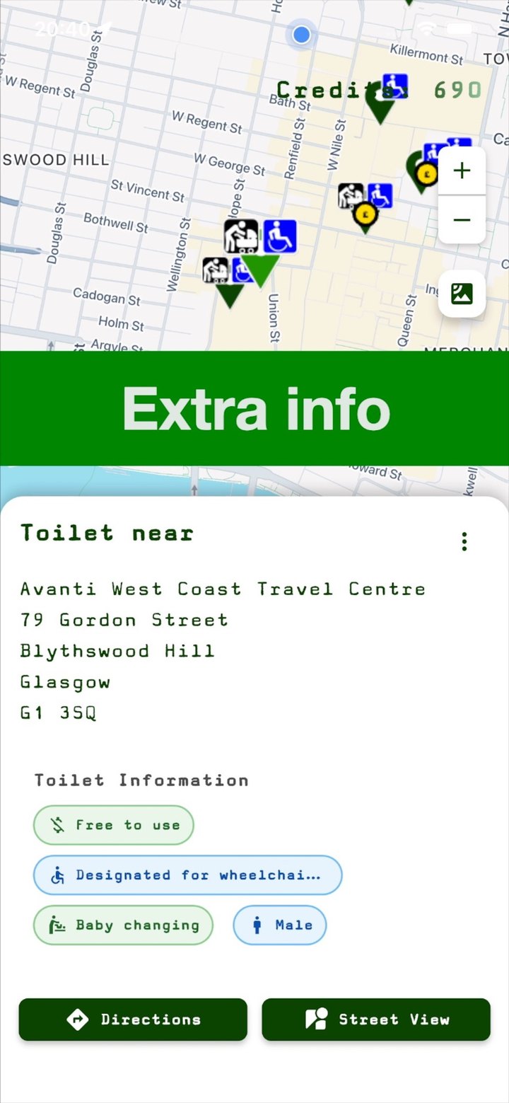 Find Nearby toilet detail screen showing address, free to use, wheelchair access, baby changing, directions and Street View buttons