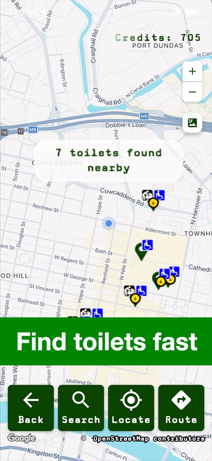 Find Nearby map screen showing seven toilets found nearby in Glasgow